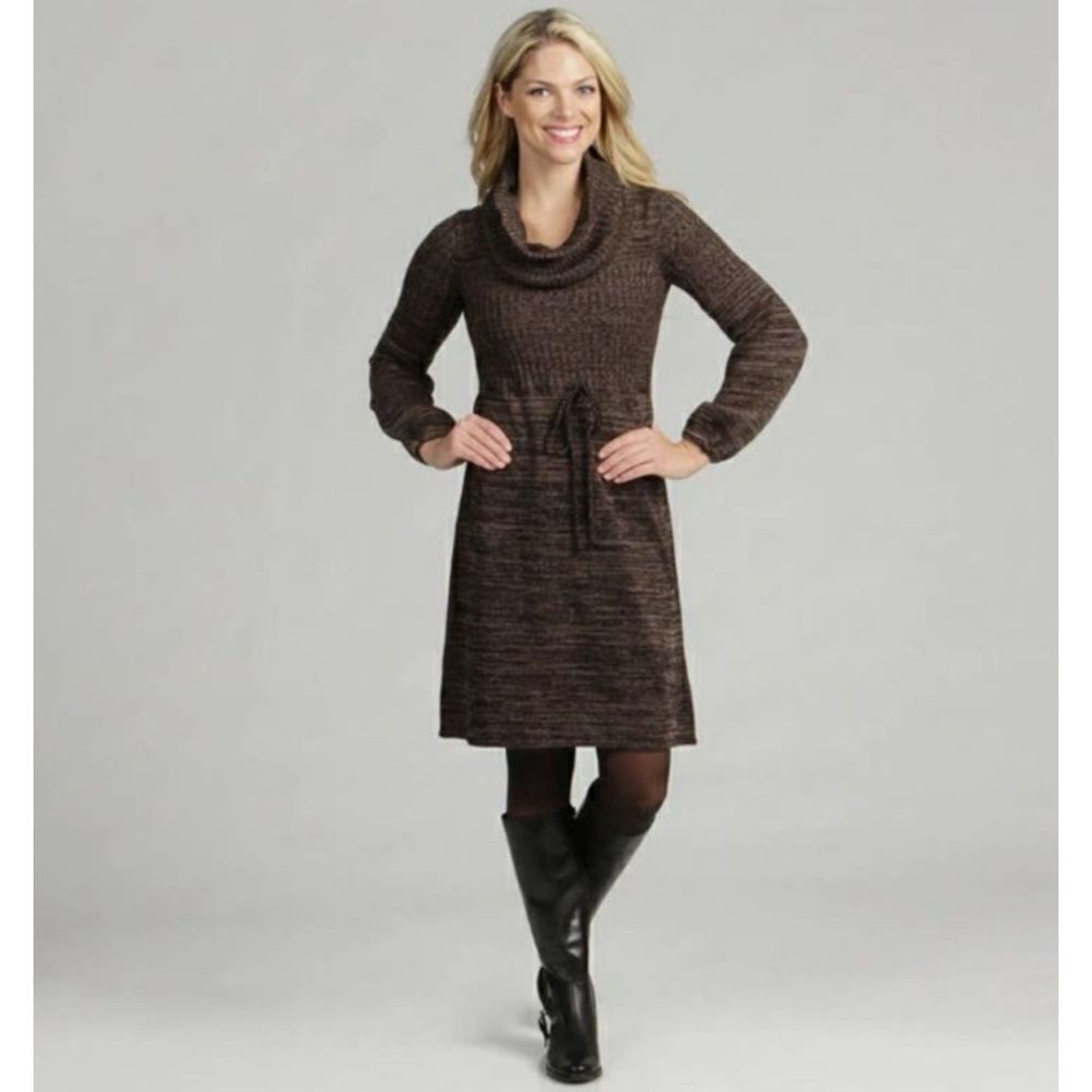 Calvin Klein Tan & Black Marled Knit Cowl Neck Balloon Sleeve Sweater Dress, S